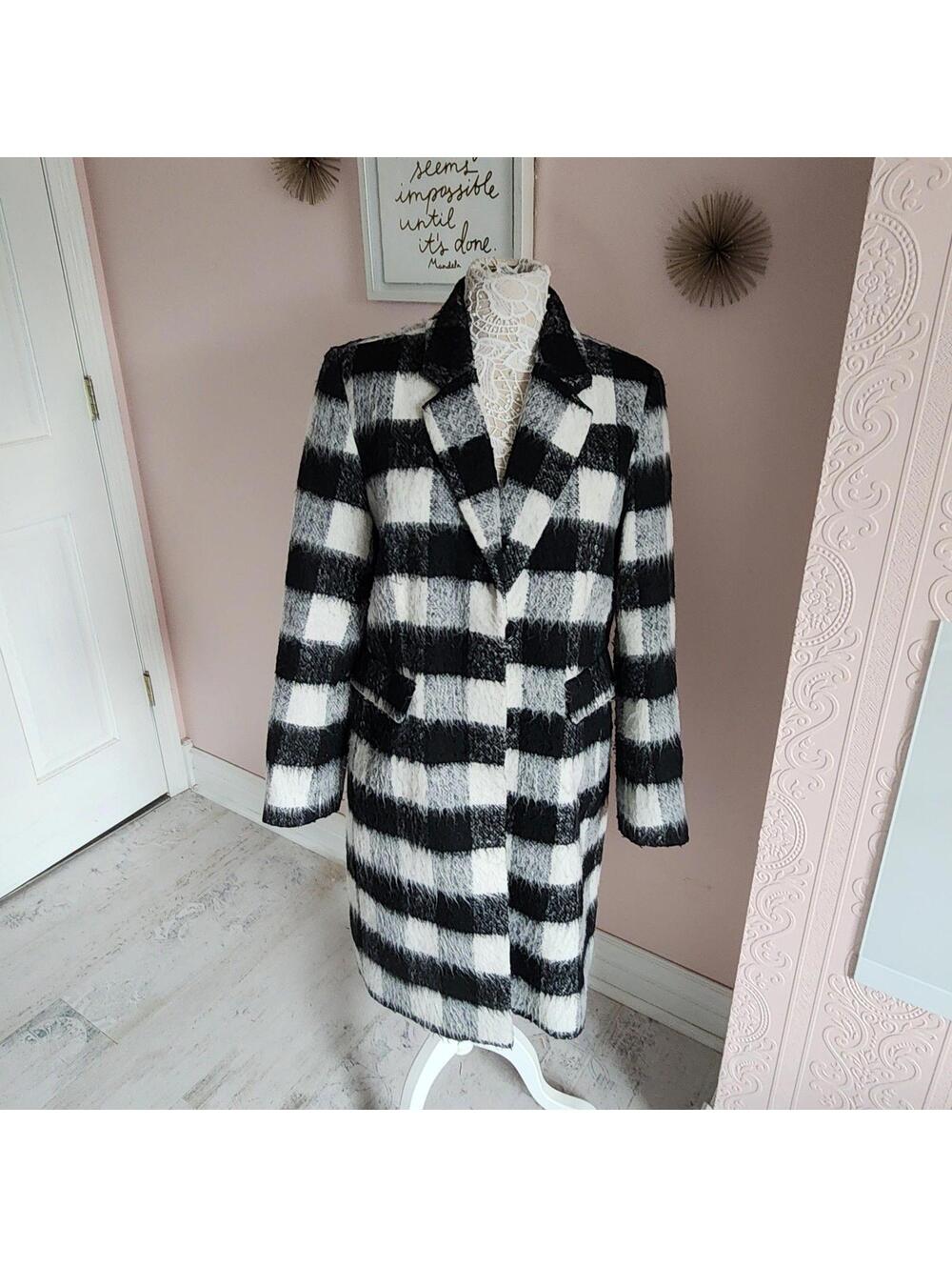 Liz Claiborne Black White Gingham Long Coat unique L Flawless